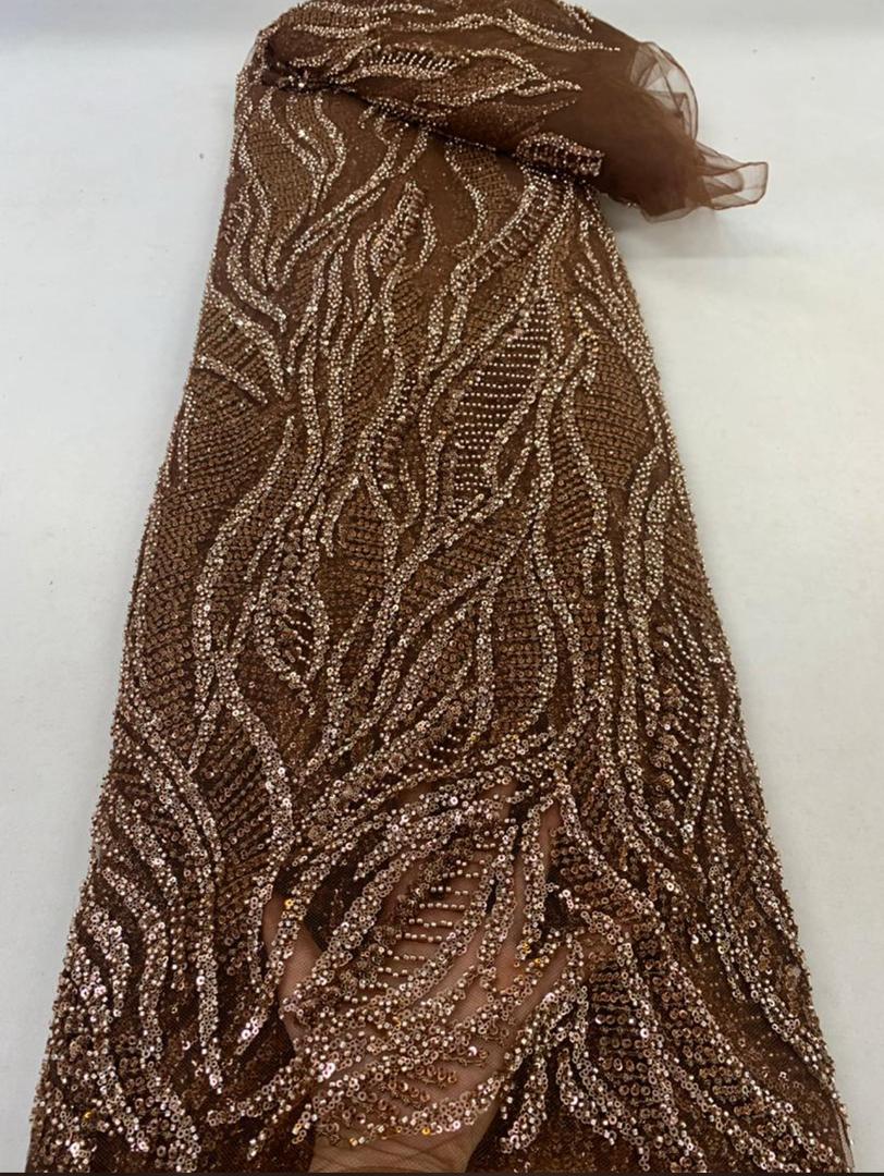 Brown-beaded-lace-fabric